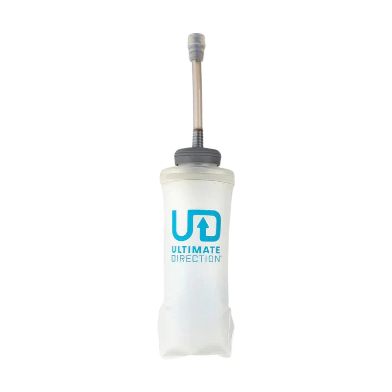 A clear, flexible hydration bladder with a high-flow bite valve and a blue 'UD Ultimate Direction' logo.