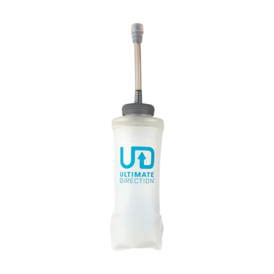 A clear, flexible hydration bladder with a high-flow bite valve and a blue 'UD Ultimate Direction' logo.